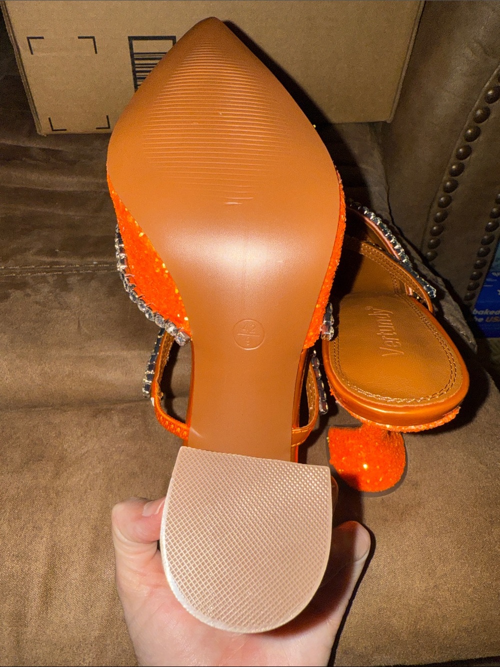 Vertundy Orange Glitter Pointed Toe Slingback Heels with Crystal Trim New Size 9 - Picture 6 of 7